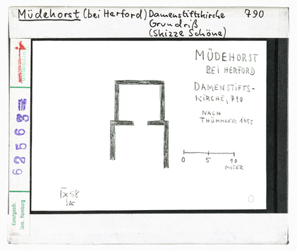 Vorschaubild Müdehorst (Niederdornberg-Deppendorf): ehem. Stiftskirche, Ausgegrabene Fundamente der Apsis und des Langhauses, Skizze Schöne 1948 nach Thümmler 